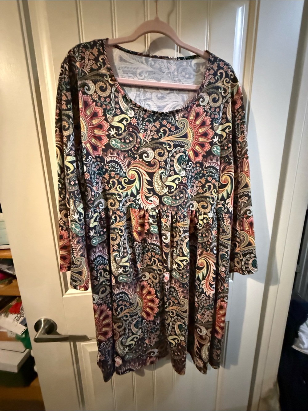 Paisley Print Long-Sleeve Scoop Neck Women's Dress - Black Multi